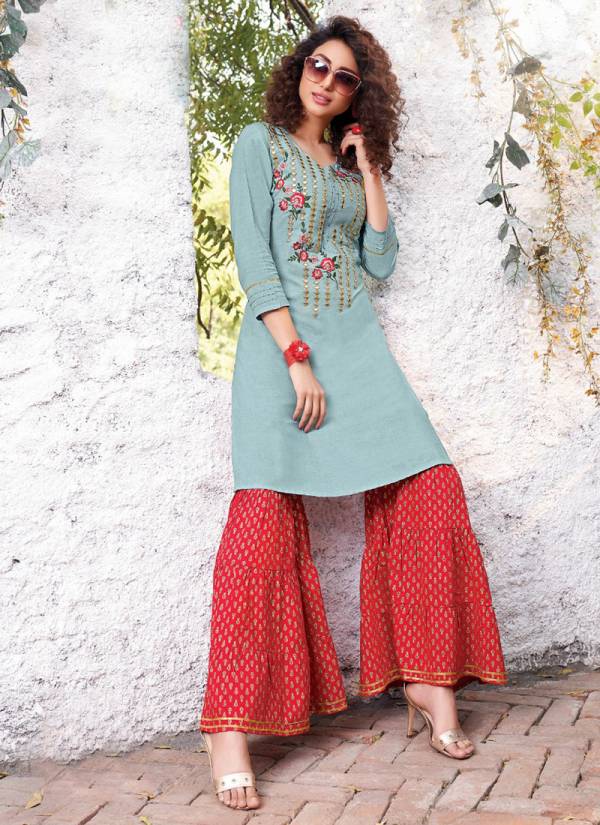 F.Label Vol 5 Designer Rayon Embroidery Work Kurti With Fancy Bottom Collection 5001-5012 